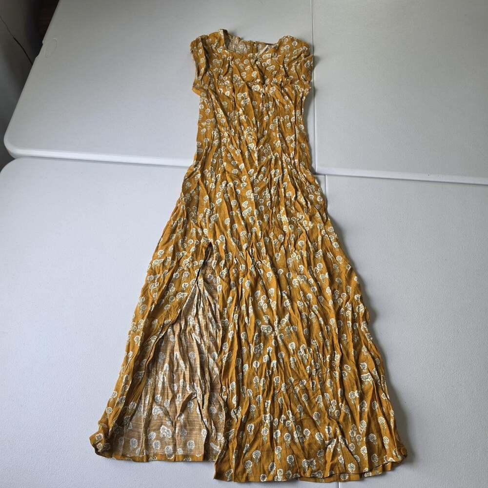 Free People Dress Womens 0 Yellow Floral Pleated Maxi Sundress Boho Cap Sleeve